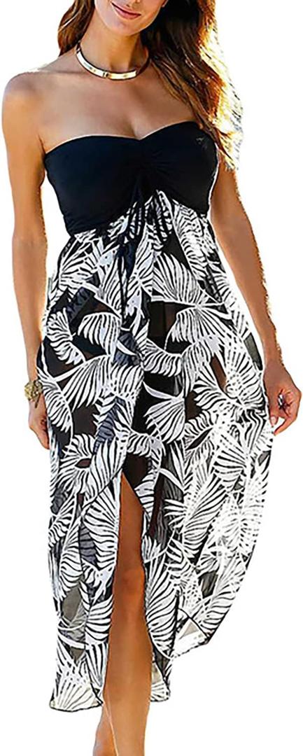 Women's Beach Dress Summer Maxi Sundress Strapless Hawaiian Cover Ups Asymmetrical Wrap Dresses (XX-Large)