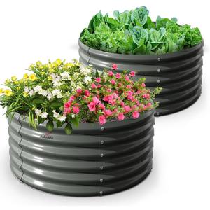 A ANLEOLIFE 2-Pack 4ft x 18 Tall Galvanized Raised Garden Beds Outdoor, Round Metal Planter Box for Planting Vegetables Flowers Herb, Anti-Rust & Easy-Setup, Quartz Grey, 41.5ft Tall