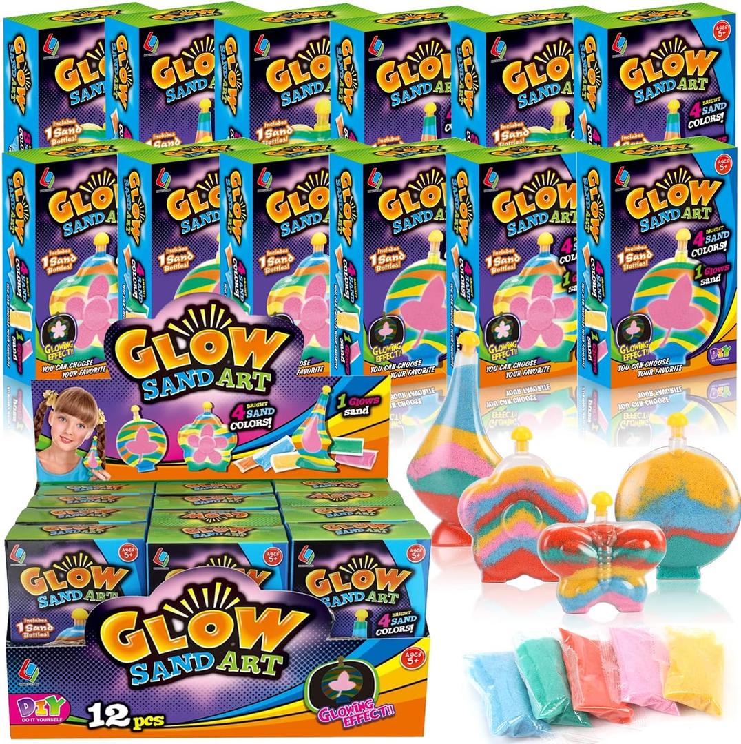 Create Your Own Magic Sand Art Glitter Activity | Glow in the Dark Colored Custom Sand Kits for Kids - Includes 12 Bottles, Funnels, Sticks, 60 Bags of Colorful Sand | DIY Arts and Crafts (12 Pack)