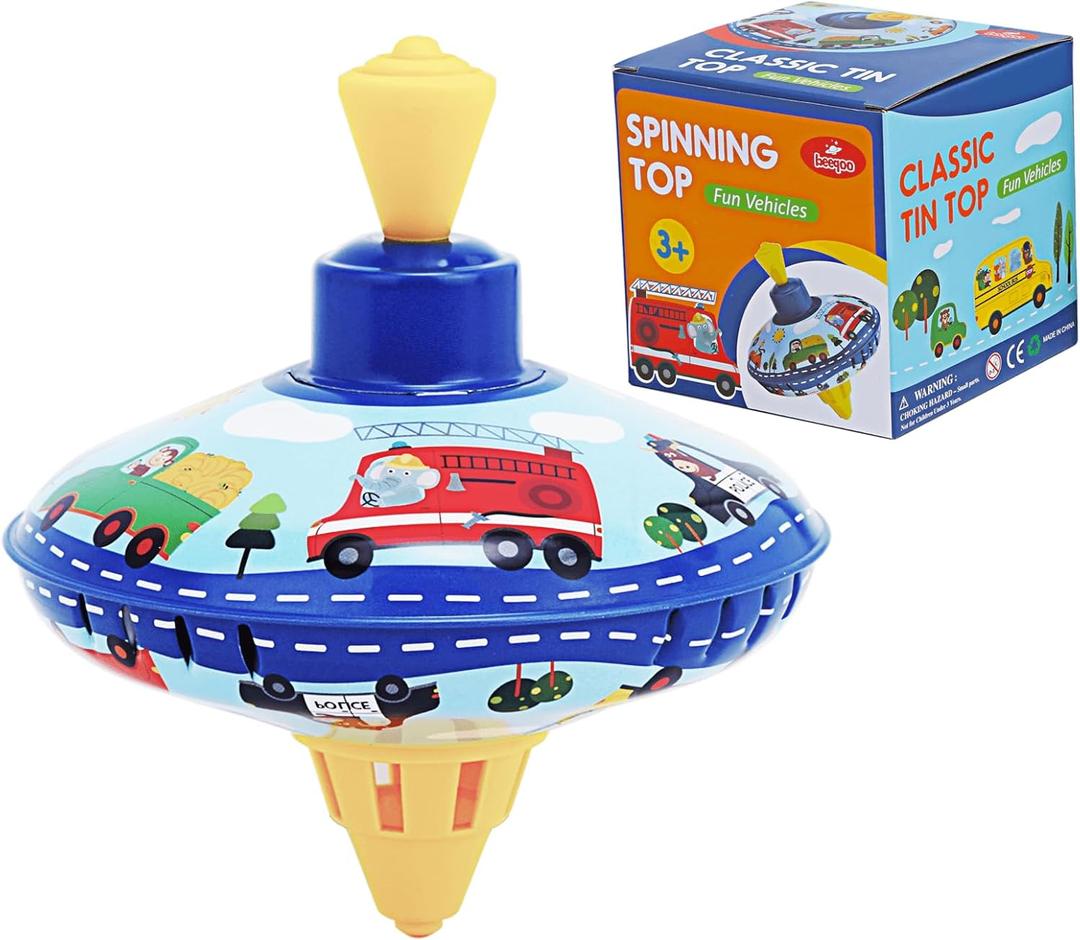 Retro Spinning Top Tin Toy for Kids  Fun Vehicle Classic Toys - Toddler Traditional Spin Tops - Metal Fidget Spinner for Kindergarten  Sensory Gyroscope - Novelty Gifts Party Favors