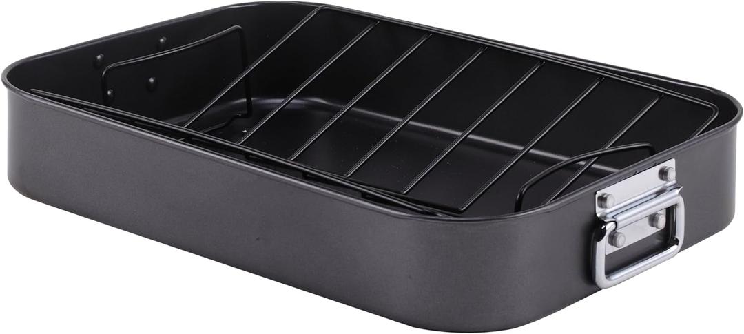 Roasting Pan, Nonstick Roaster Pan with Rack, Turkey Roasting Pan with V Rack, 17 Inch x 13 Inch, Black