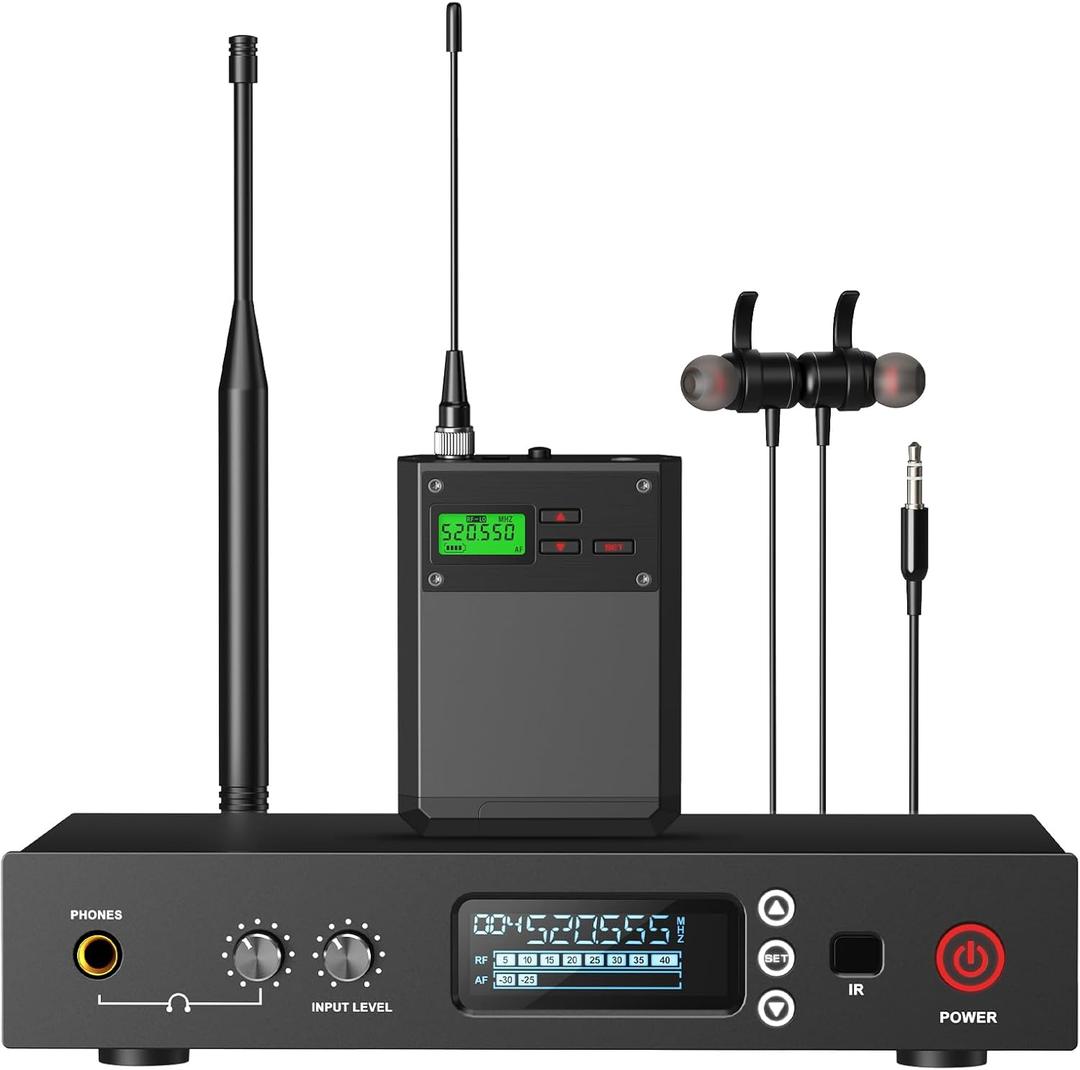 Riworal Wireless in Ear Monitor System UHF Channels Auto Scan Frequency Wireless Earphone Ransmitter and Bodypacks Monitoringwith 262ft for Stage,Monitoring