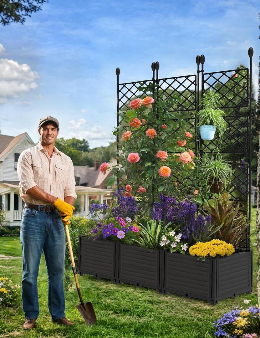 CABIHOME Planter Box with Trellis - Plastic Raised Garden Beds & Metal Trellis w/Drain Plug - Outdoor Raised Planter Box Privacy Screen for Climbing Plants, Flowers, Veggies & Fruits