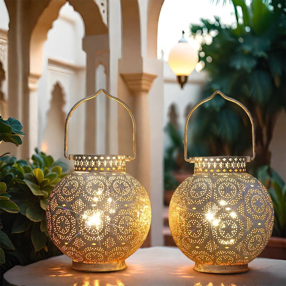 TRIROCKS Set of 2 Moroccan Style Metal Table Lamp 7'' High Battery Powered Cordless Lamp with LED Fairy Lights Bulb Perfect for Home Living Room Parties Tabletop Indoors (White)