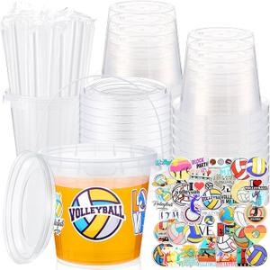 30 Sets Clear Plastic Cups 24 oz Ice Cream Buckets with Lids & Straws Disposable Drink Cups Cocktail Pails Bulk with Handles and Stickers for Outdoor Beach Birthday Pool Party(Volleyball)