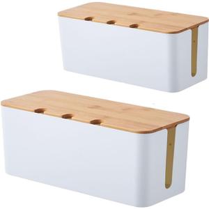 Cable Management Box with Bamboo Lid, Cord Organizer Box to Hide Wires & Power Strips, Extension Cord Power Stripe Surge Protector Wire Concealer Organizer Cover Hider (white-2pcs)