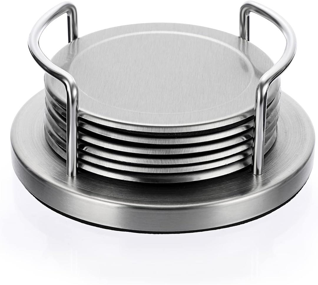 JUXYES Set of 6 Stainless Steel Round Coasters with Holder & Sponge Bottom, Silver Metal Cup Coasters Set Stunning Cool Coaster Cups Mats Decor for Restaurant Kitchen bar Dining Table