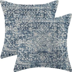 Boho Pillow Covers 24x24 Set of 2, Carpet Pattern Boho Decorative Blue Throw Pillows Linen Ethnic Design Farmhouse Cushion Case for Sofa Couch Outdoor Decor