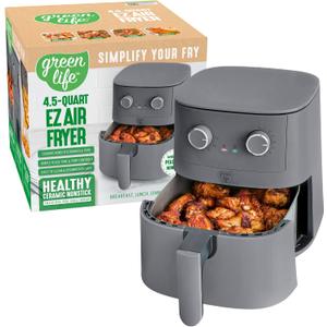 GreenLife 4.5QT Air Fryer, Mechanical Dial Controls, PFAS-Free Ceramic Nonstick Drawer, Adjustable Temp & Timer, LED Indicator, Oil-Less Cooking, Dishwasher Safe, Compact Family Size, Graphite