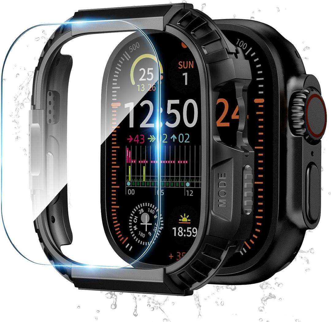 Rugged Waterproof Case for Apple Watch 49mm Ultra 3/2/1 with Tempered Glass Screen Protector, Durable Hard PC Bumper Protective Face Cover for iWatch 49 mm Black Gray
