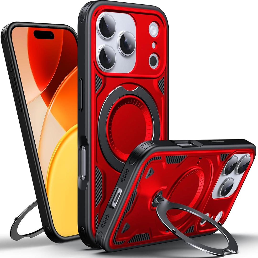 WYUIC Designed for iPhone 17 Pro Magnetic Case, Compatible with Magsafe, 10ft Drop Test Hard Rugged, 360 Rotating Ring Kickstand Shockproof Protection Phone Case iPhone 17 Pro Cover, Red