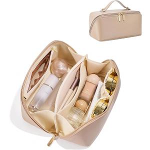ALEXTINA Travel Makeup Bag, Vegan Leather Large Capacity Cosmetic Bags for Women,Waterproof Portable Pouch Open Flat Toiletry Bag Makeup Bag Organizer with Fixed Divider, Pink