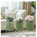 Honeycomb Plant Pots with Stands, Set of 3 - Indoor Flower Pots with Drain Holes & Rubber Stoppers, Includes Clear Plastic Nursery Pots - Stylish Modern Home Decor for Living Room, Office, and Balcony, Macaron Green