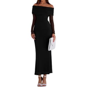PRETTYGARDEN Fall Dresses for Women 2026 Elegant Off The Shoulder Long Sleeve Formal Wedding Guest Bodycon Maxi Dress (XL)