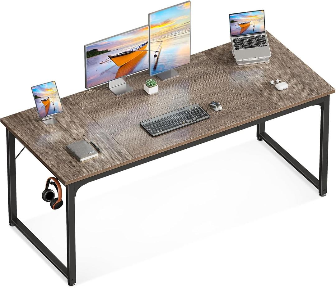 Casaottima 63 Inch Computer Desk for Home Office, Study Writing Table for Small Spaces, Simple Modern Desk with Headphone Hooks, Grey Oak