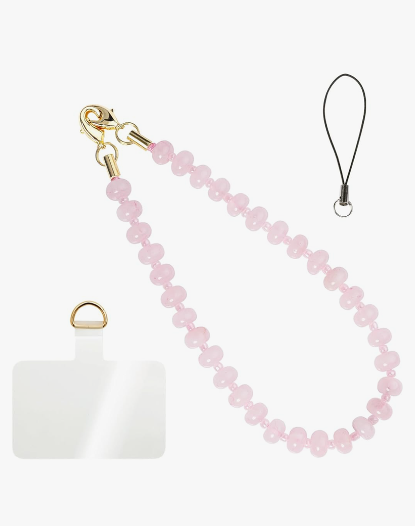 Handmade Natural Gemstone Gold Beaded Charm Cell Phone Camera Lanyard, Wrist Strap, Phone Chain String, Keychain Decor for Wallet, Stanley Cup Accessories (Rose Quartz)