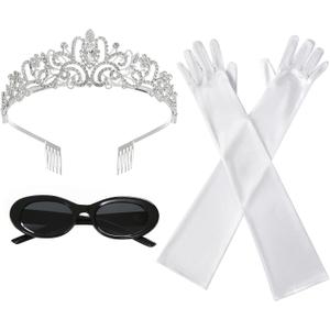 Halloween Princess Costume Accessories Women Crystal Crown Headband Long Gloves Sunglasses Dress Up Party (3 PCS, White)