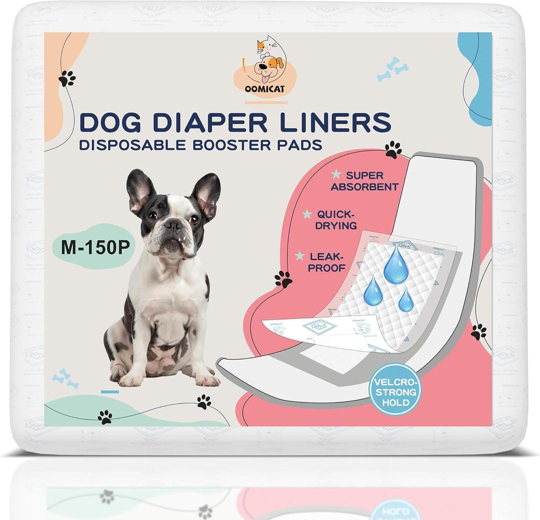 Dog Diapers Liners, 150 Ct, Super Absorbent Doggie Diaper Inserts for Male Dog Wraps and Female Dog Diapers, Hook-and-Loop Tape Design, Super-fit & No Shifting, Medium Dog Diaper Pads