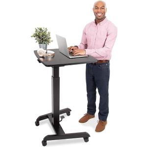 Stand Steady Multifunctional Mobile Podium Desk | Portable Sit to Stand Lectern with Pneumatic Height Adjustment & Tilting Desktop | Rolling Laptop Stand | Mobile Desk for School, Home, Office (Black)