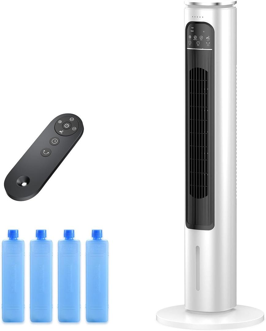 Windowless Portable Air Conditioner Ac Unit with Remote,37” Evaporative Air Cooler, Swamp Cooler for 4 Modes, 12H Timer, Removable Water Tank, Ice Packs, Cooling Tower Fan room, Outdoor, Indoor