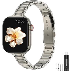 MioHHR Thin Metal Bands Compatible with Apple Watch Band Ultra3/2/1 Series 11 10 9 8 7 6 5 4 3 2 1 SE3/2/1,Slim Narrow Stainless Steel Strap for Women iWatch 49mm 46mm 45mm 44mm 42mm 41mm 40mm 38mm