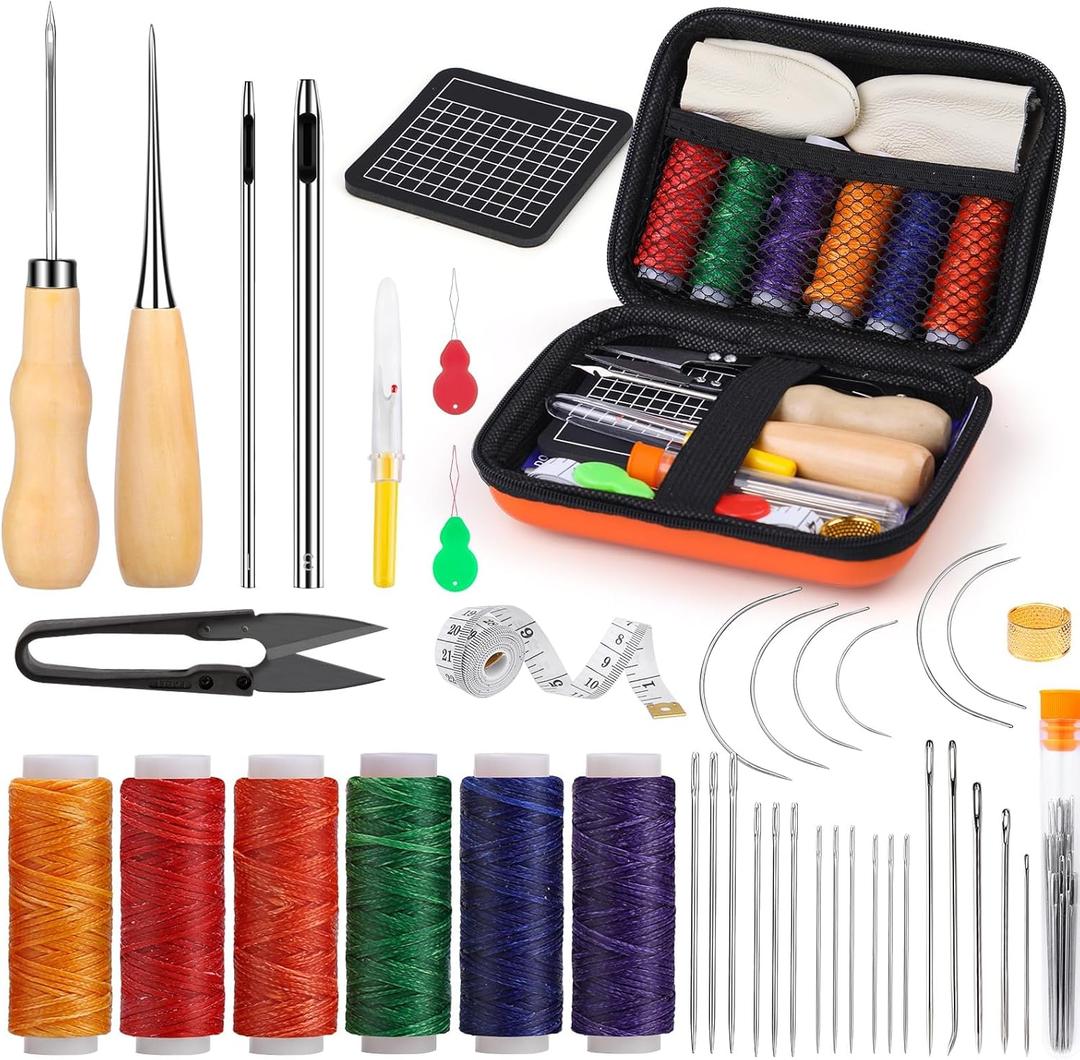 MORFEN Leather Sewing Kit Upholstery Repair Kit Leather Stitching Kit with Hole Punch, Waxed Thread, Sewing Awl, Upholstery Needles, Leatherworking Tools for Hand Stitching Furniture, Car, Sofa