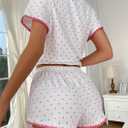 COZYEASE Womens Silky Pajamas Set Heart Print 2 piece Sleepwear Short Sleeve Button Down Shirt with Shorts (White, L)