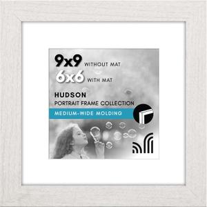 Americanflat 9x9 Picture Frame with Shatter-Resistant Glass - Use as 6x6 Frame with Mat or Display 9x9 Photo Without Mat - Hudson Collection - Wide Square Frames for Tabletop and Wall - White