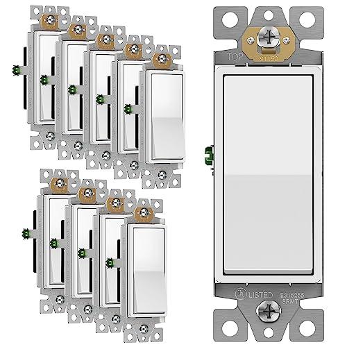 ENERLITES Decorator Paddle Rocker Light Switch, Gloss Finish, Single Pole, 3 Wire, Grounding Screw, Residential Grade, 15A 120V/ 277V, UL Listed, 91150-W-10PCS, White (10 Pack)
