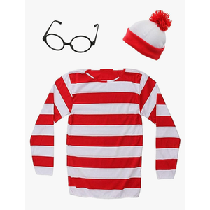 Adult Men Red and White Striped Tee Shirt Glasses Hat Outfit Suit Set, Halloween Cosplay Sweatshirt Eyewear Costume Size M