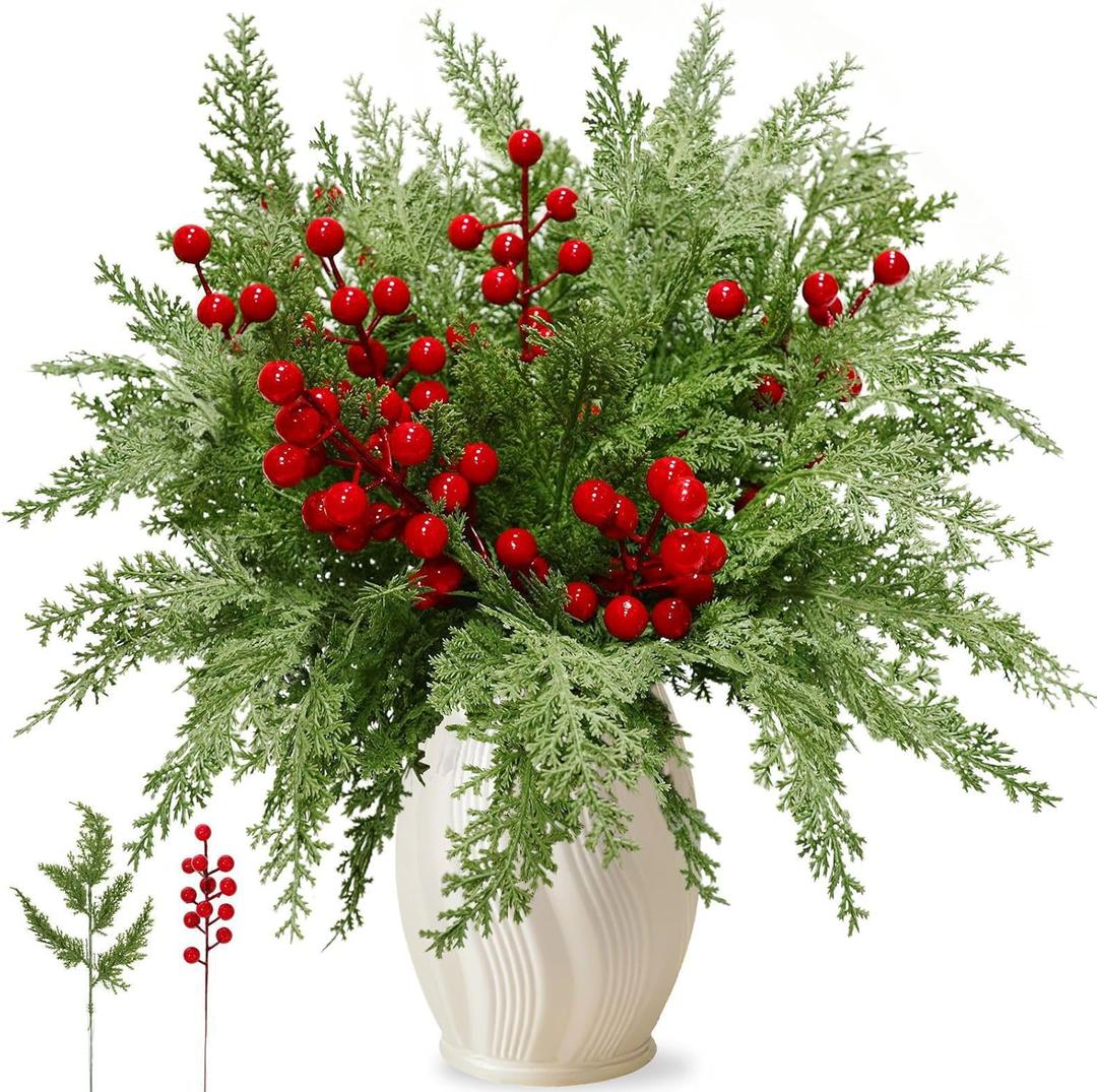 40 Pcs 12" Christmas Artificial Pine Branches, Faux Evergreen Cypress with Red Berry Stems, Greenery Fake Pine Needle Picks Flowers for Xmas Decor Vase Table DIY Craft Home Holiday Decorations