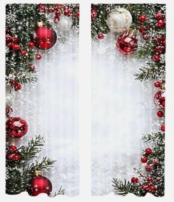 Christmas Ball Holiday Printed Curtains, Floral Snowflake Decoration Curtains