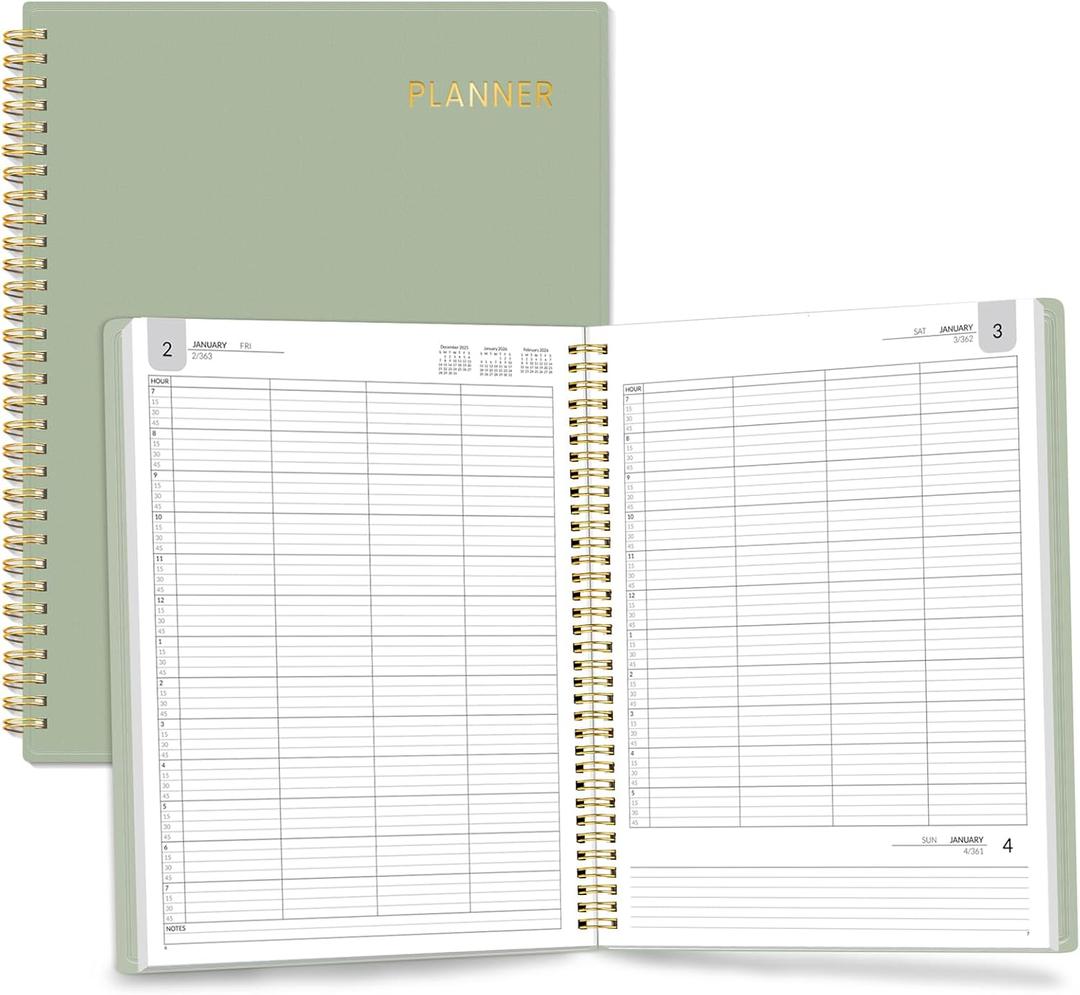 SUNEE 2026 Daily Planner,4-Person Group Appointment Book with Quarter-Hourly Layout. Weekly & One-Page-Per-Day Format, Jan to Dec 2026, 8.5"x11",Weekly Planner, Flexible Cover, Note Pages, Bookmark, Black,Sage Green
