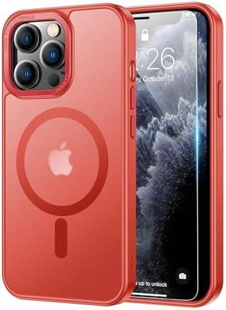 LUHOURI Enhanced Magnetic for iPhone 13 Pro Max Case with Screen Protector - Compatible with Magsafe, 21ft Military-Grade Drop Tested, Slim Fit Shockproof Translucent Matte Cover -Red
