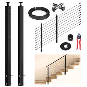 Muzata 5-10FT Modular Black Side Mount Cable Railing Kit 36 Inch 2 Stair Post Kit Complete Set Cable Railing System for Stairs Length Adjustable with Paper User Guide (No Handrail) RWF1 BA4S