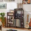 LELELINKY Record Player Stand, Vintage Walnut Wood Record Holder with Vinyl Storage Holds up to 300+ Albums, 3-Tier Rattan Media Table with Vinyl Display Shelf, Record Storage Cabinet for Living Room