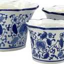 Galt International Blue & White Floral Porcelain Ceramic Decorative Flower Pot 8"/6"/4.5" Garden Pots Chinese Asian Design - Set of 3 Cylinder Fluted Edge