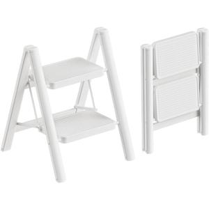GameGem 2 Step Ladder Portable Folding Step Stool with Anti-Slip Pedal, Lightweight Stepladder Multi-Use for Home and Kitchen, Saving Space, White, 300lbs