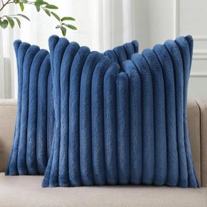 Pallene Faux Fur Plush Throw Pillow Covers 20x20 Set of 2, Luxury Soft Fluffy Striped Decorative Pillow Covers for Sofa, Couch, Living Room, Navy Blue