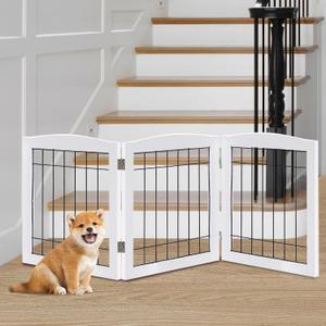 LZRS 3-Panel Freestanding Foldable Wooden Dog Gate Solid Wood & Steel Wire Chew-Resistant Indoor Safety Pet Fence for Doorways & Stairs, Ideal for Small to Medium Dogs & Puppies, White