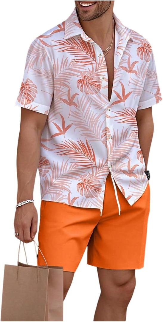 WDIRARA Men's Hawaiian Matching Set Summer Beach 2 Piece Outfits Tropical print Shirts and Shorts (XX-Large, Orange)