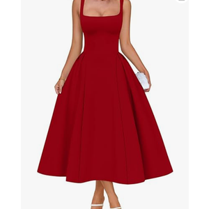 Memoriesea Women's Elegant Square Neck Swing A Line Wedding Evening Party Midi Dress, Red, Large