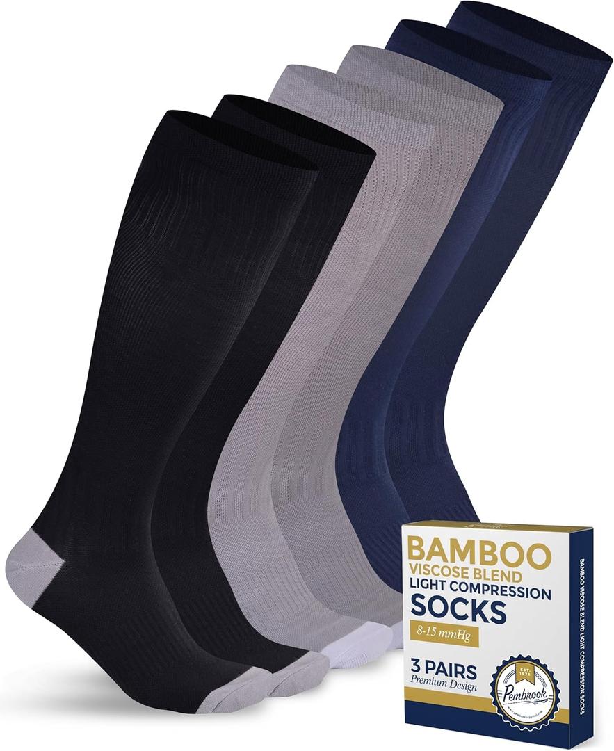 Pembrook Bamboo Viscose Light Compression Socks - 3 Pairs | 8-15 mmHg Compression Socks Women and Men | Soreness, Varicose Veins, Edema | Black, Grey, Navy
