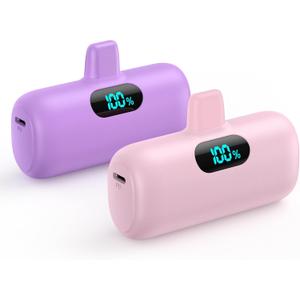 [2 Pack]Mini Portable Charger 5000mAh for iPhone,Ultra-Compact 15W PD Power Bank,LCD Display Cute Battery Pack Backup Charger Compatible with iPhone 14/14 Pro Max/13/13 Pro/12/XR/8/7/6,Pink +Purple