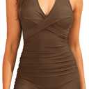 Tempt Me Women One Piece Swimsuits with Shorts Tummy Control Retro Bathing Suit Halter Boyleg Swimwear (Large, Brown)