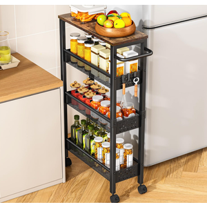 Vivihomety Utility Slim Storage Cart with Wheels, 4 Tier Small Rolling Cart with Wood Top, Metal Kitchen Bathroom Laundry Room Organization Trolley with Handle for Narrow Space – Black