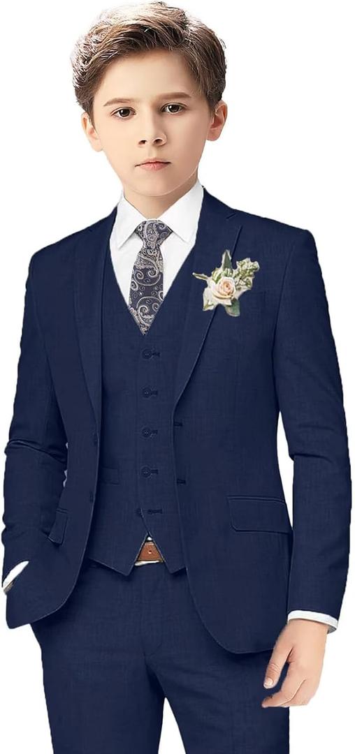 Boys Linen Suits for Kids Summer Slim Fit 3 Piece Beach Wedding Outfit Light Weight Tuxedo Linen Suit Set (20, Navy)