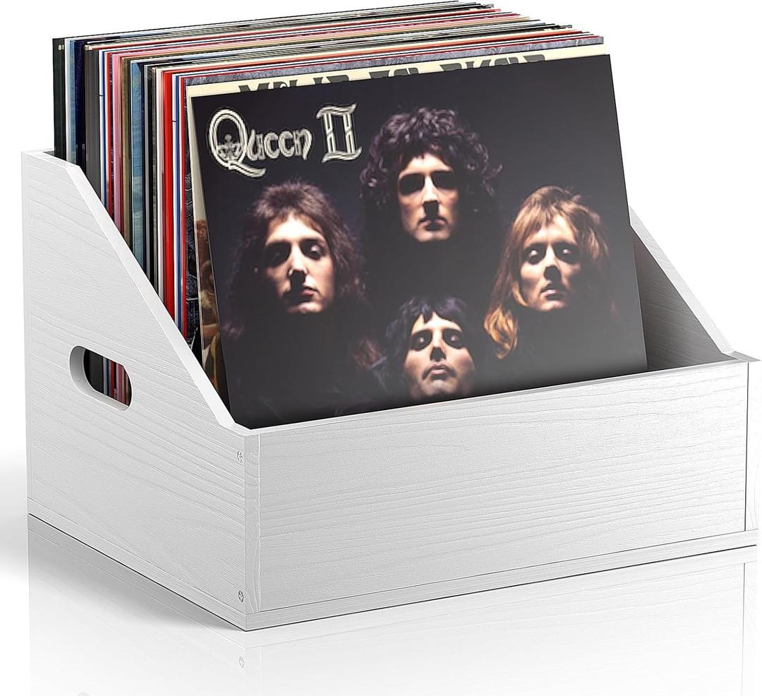 Wood Vinyl Record Storage, Retro & Durable Vinyl Crate and Record Holder, Album Storage Record Case Box for 60+ Records, Perfect Record Organizer for Home Decor and Collection Display(White)