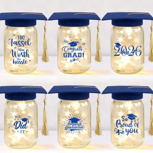 6 Sets 2026 Graduation Centerpieces for Tables, Glowing Mason Jar Centerpieces with Graduation Caps, Glowing Money Jars for College High School Congrats Grad Party Decor Supplies (Blue)