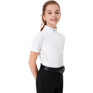 FitsT4 Sports Girls Short Sleeve Equestrian Shirt Quick Dry Horse Riding Shirts Half Zip Horseback Show Shirt (X-Large, White)